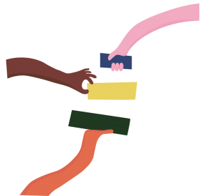 Illustration: Three arms contributing blocks to form EJA logo