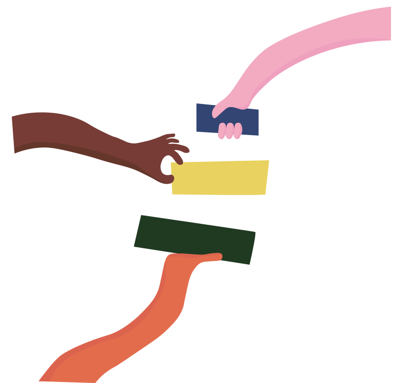 Illustration: Three arms contributing blocks to form EJA logo